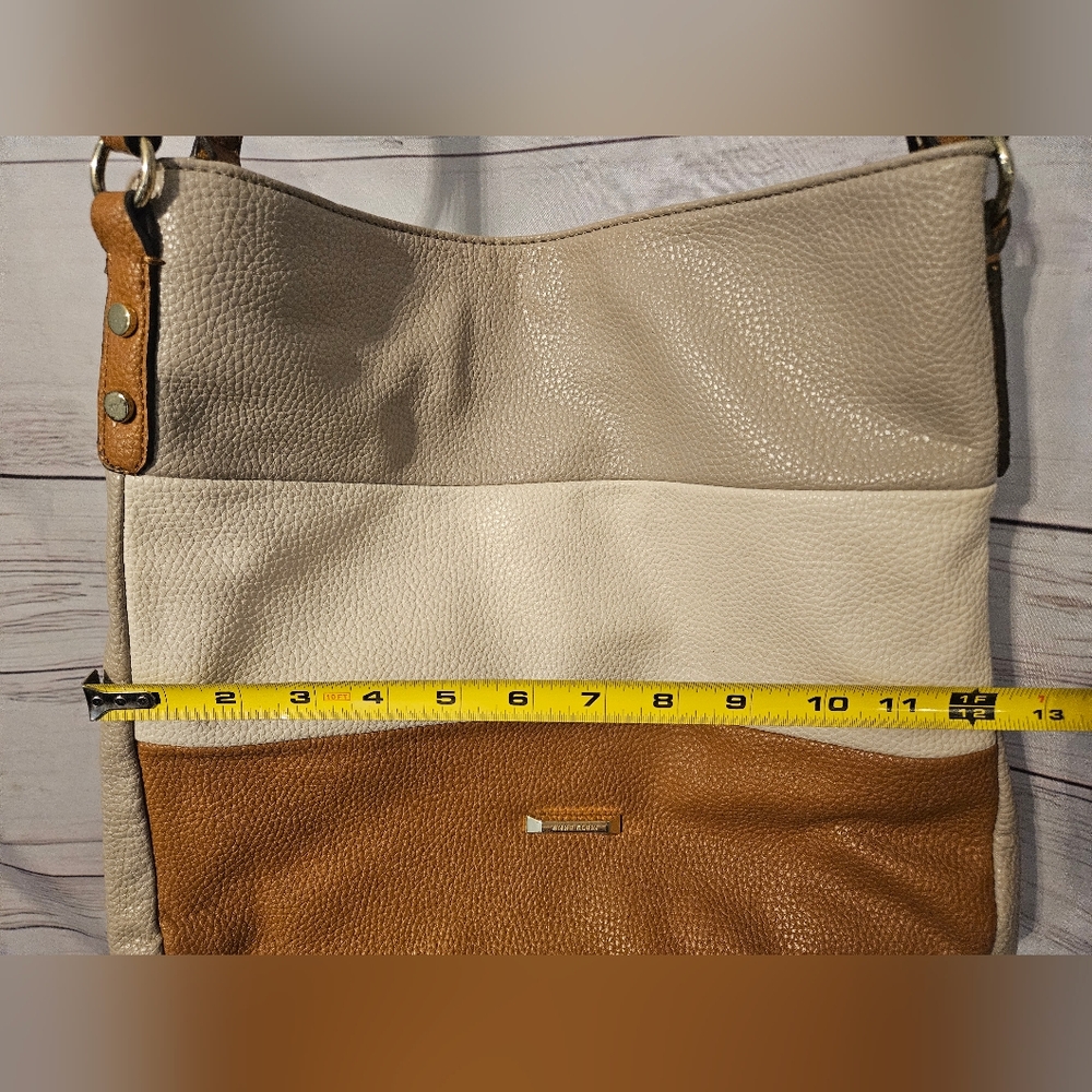 Anne Klein Colorblock Pebbled Faux Leather Shoulder Bag | Tan Cream Beige Tote - Picture 11 of 13
